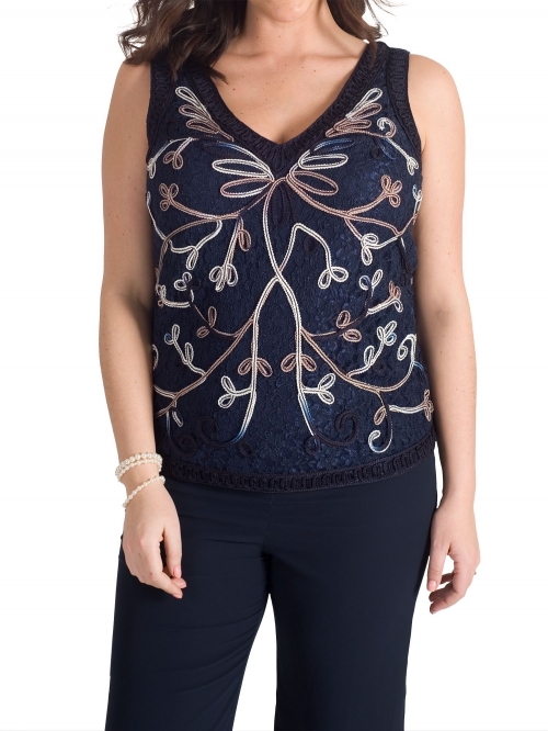 Chesca Cornelli Embroidered Lace Cami, Navy/Mink/Ivory