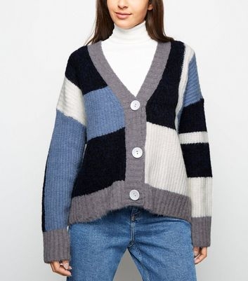 Blue Patchwork Knit Long Sleeve Cardigan