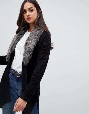 Brave Soul Hawk Cardigan with Detachable Faux Fur Collar