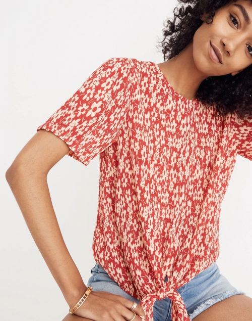 Madewell Crinkled Button Back Floral Bloom Tie T-Shirt, Cranberry