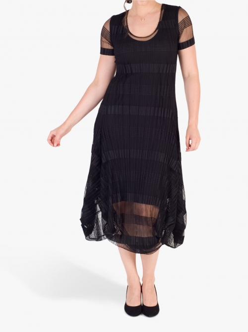 Chesca Sheer & Stripe Crush Pleat Drape Dress, Black