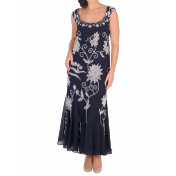 Chesca Embroidered Beaded Dress, Navy/Ivory