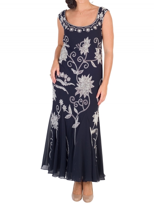 Chesca Embroidered Beaded Dress, Navy/Ivory