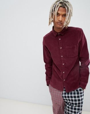 ASOS DESIGN slim fit stretch cord shirt in burgundy