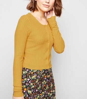 Mustard Rib Button Front Frill Hem Cardigan