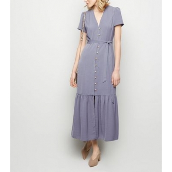 Grey Herringbone Tiered Button Front Midi Dress