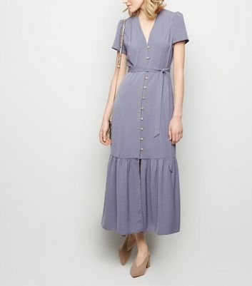 Grey Herringbone Tiered Button Front Midi Dress