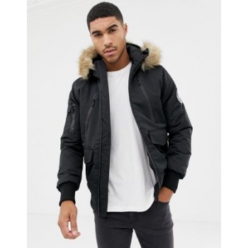 Good For Nothing bomber jacket in black with faux fur hood