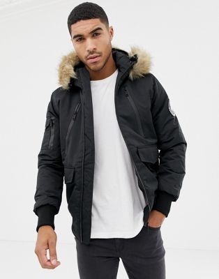 Good For Nothing bomber jacket in black with faux fur hood