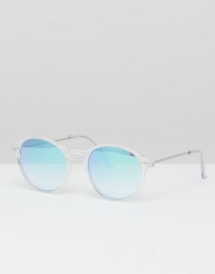 ASOS DESIGN round sunglasses in crystal with blue mirrored lens