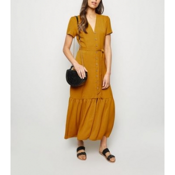 Mustard Herringbone Tiered Button Front Midi Dress