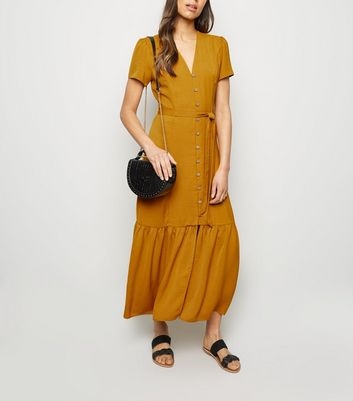 Mustard Herringbone Tiered Button Front Midi Dress