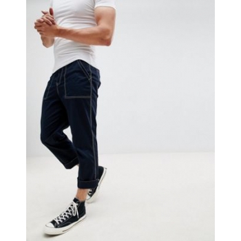 ASOS DESIGN relaxed cropped trousers in navy with white stitching