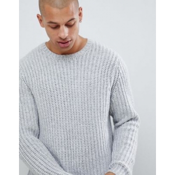 ASOS DESIGN heavyweight fisherman rib jumper in grey