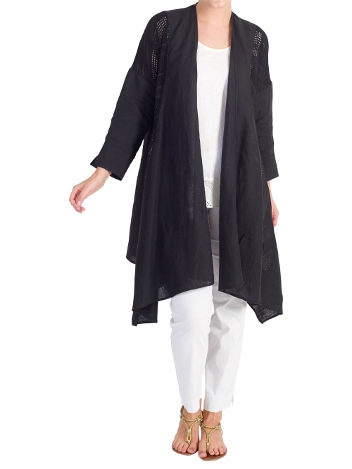 Chesca Mesh Trim Linen Coat, Black