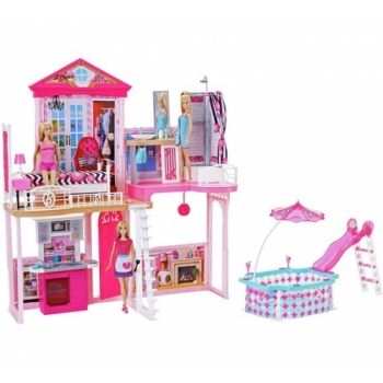 Complete Barbie Home Set with 3 Dolls and Pool