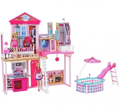 Complete Barbie Home Set with 3 Dolls and Pool