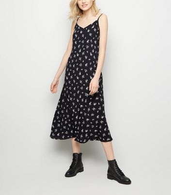 Black Floral Bias Cut Midi Slip Dress