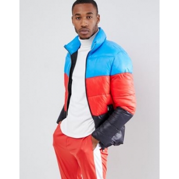 boohooMAN colour block puffer jacket in multi