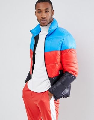 boohooMAN colour block puffer jacket in multi