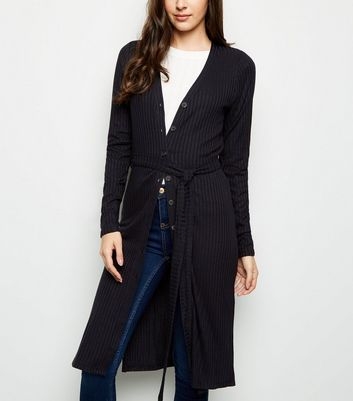 Black Ribbed Knit Belted Midi Cardigan