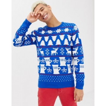 Burton Menswear christmas light up beer & stags jumper in blue