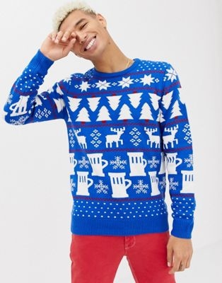 Burton Menswear christmas light up beer & stags jumper in blue