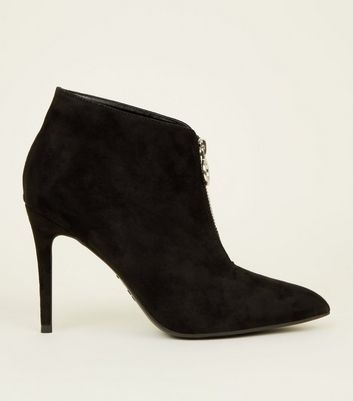 Black Suedette Ring Zip Stiletto Shoe Boots