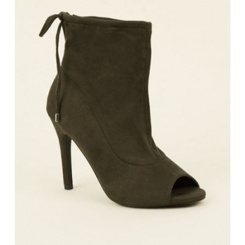 Khaki Suedette Peep Toe Stiletto Sock Boots