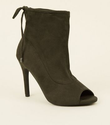 Khaki Suedette Peep Toe Stiletto Sock Boots