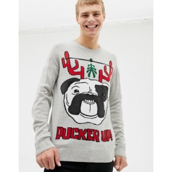 Burton Menswear pucker up Christmas jumper in light grey