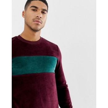 ASOS DESIGN muscle sweatshirt with velour colour blocking in burgundy