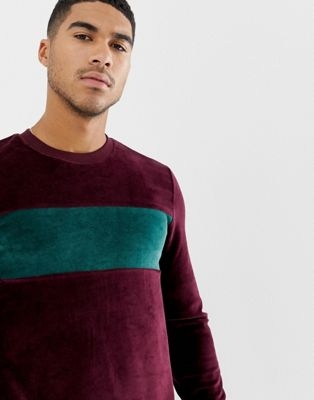 ASOS DESIGN muscle sweatshirt with velour colour blocking in burgundy