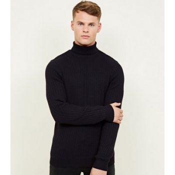 Navy Racking Stitch Roll Neck Jumper