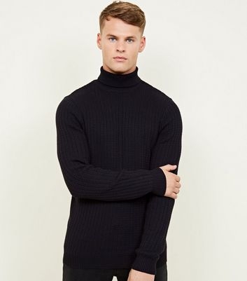 Navy Racking Stitch Roll Neck Jumper