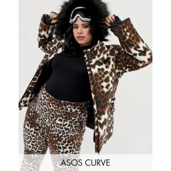 ASOS 4505 Curve ski jacket with belt and padded panel detail in leopard print