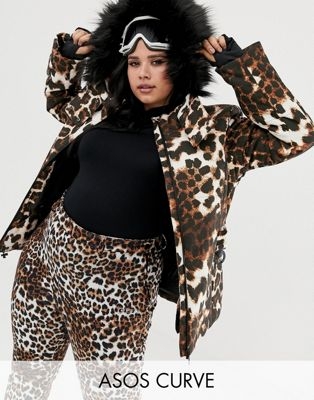 ASOS 4505 Curve ski jacket with belt and padded panel detail in leopard print