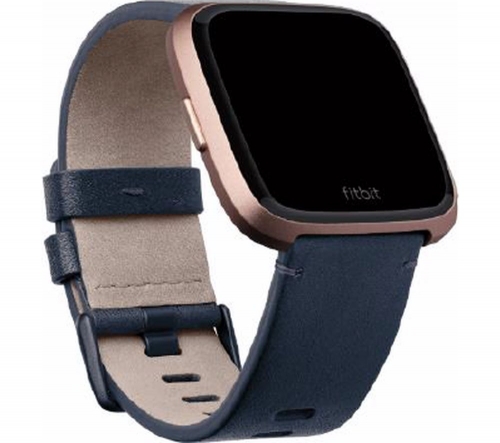 FITBIT Versa Leather Band - Blue, Large + Versa - Black Aluminium