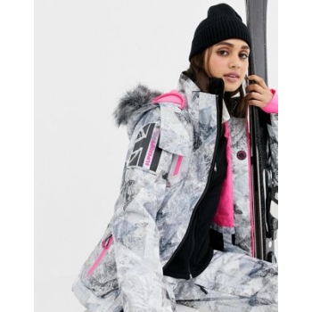 Superdry snow ski jacket with logo and contrast internal in multi print