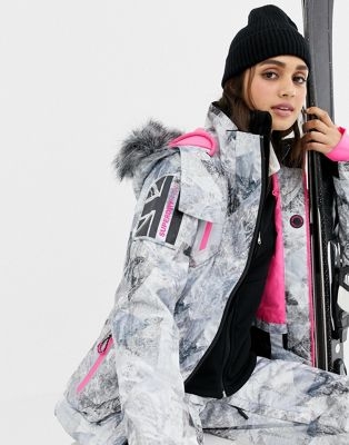 Superdry snow ski jacket with logo and contrast internal in multi print