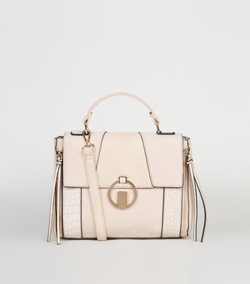 Nude Mixed Panel Ring Front Satchel Bag