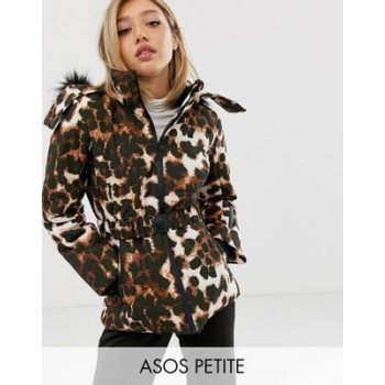 ASOS 4505 Petite ski mix and match jacket with belt and padded panel detail in leopard print