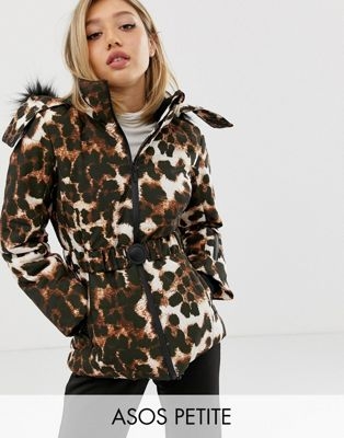 ASOS 4505 Petite ski mix and match jacket with belt and padded panel detail in leopard print