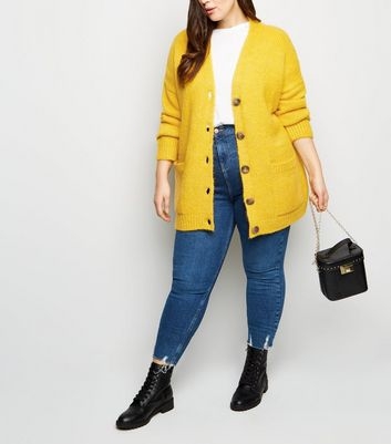 Curves Yellow Pocket Front Button Up Cardigan