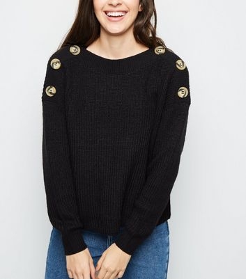 Black Faux Horn Button Shoulder Jumper