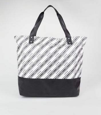 Black Stripe Love Slogan Oversized Tote Bag