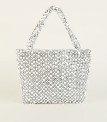 Silver Beaded Grab Tote Bag