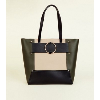 Khaki Leather-Look Ring Strap Tote Bag