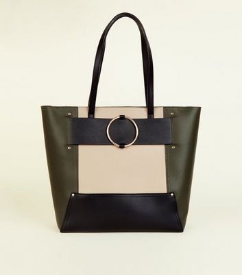 Khaki Leather-Look Ring Strap Tote Bag