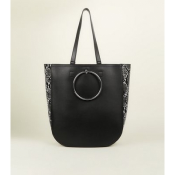 Black Faux Snake Panel Ring Front Tote